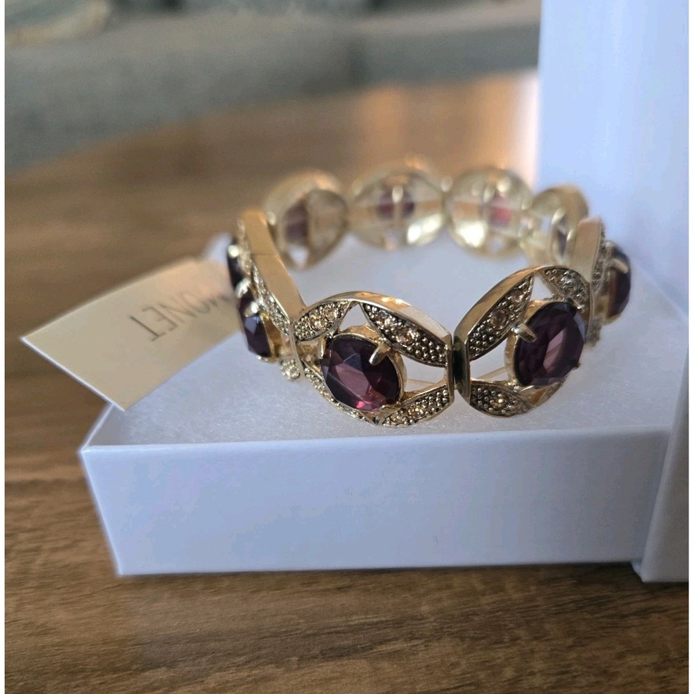 2007 Monet Expandable Gold Tone Faux Amythest Ornate Bracelet Estate NWT - Picture 9 of 10